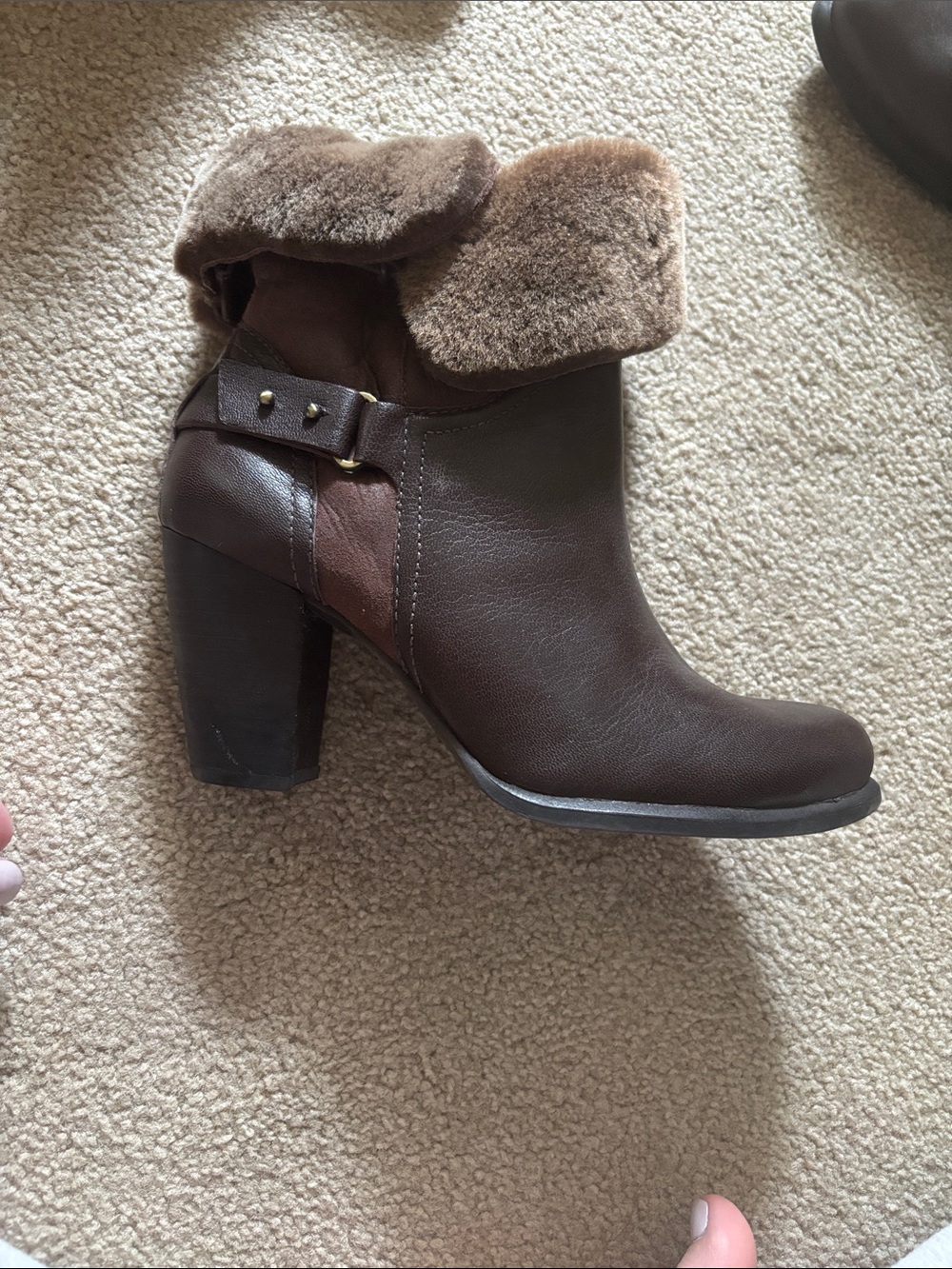 UGG Brown Faux-Fur Cuffed Block Heel Ankle Boot